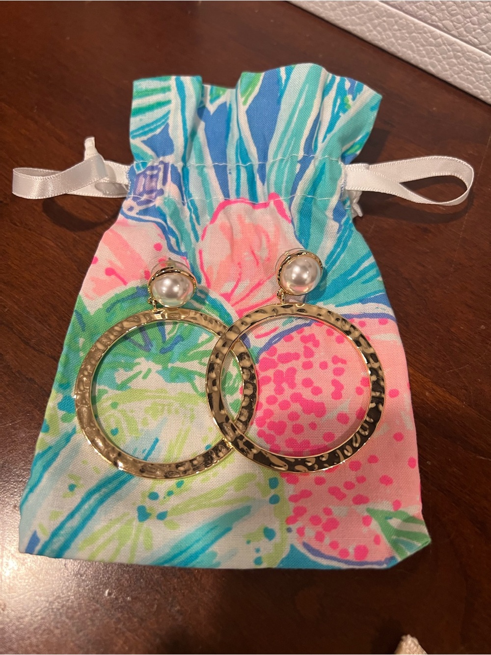 Lilly Pulitzer Gold Hoop Earrings with Pearl Tops and Multicolor Pouch